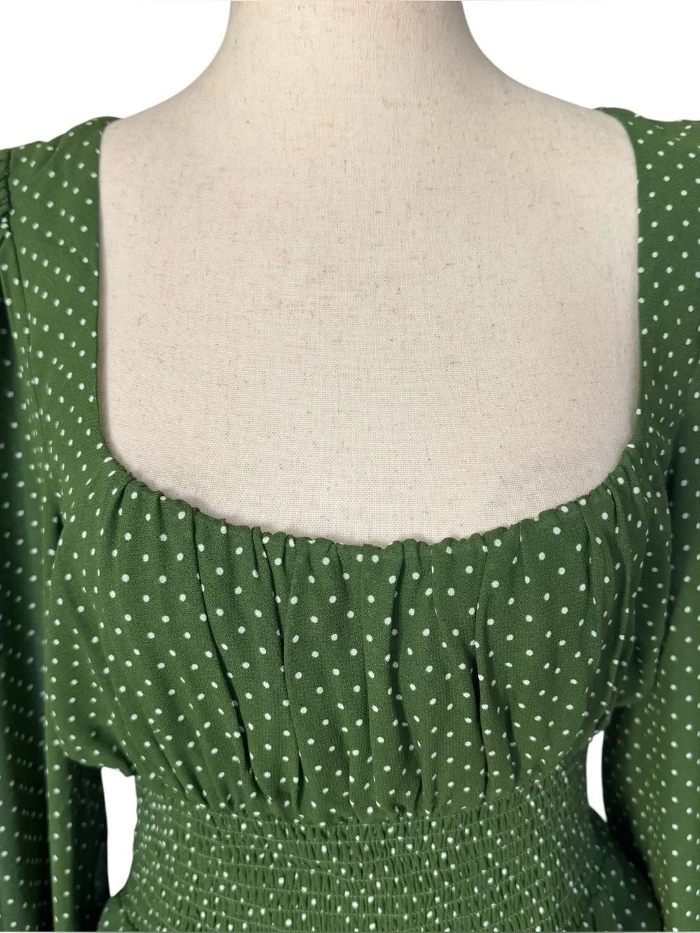 Reformation Hearth Long Sleeve Top Peat Green Polka Dot sz 8